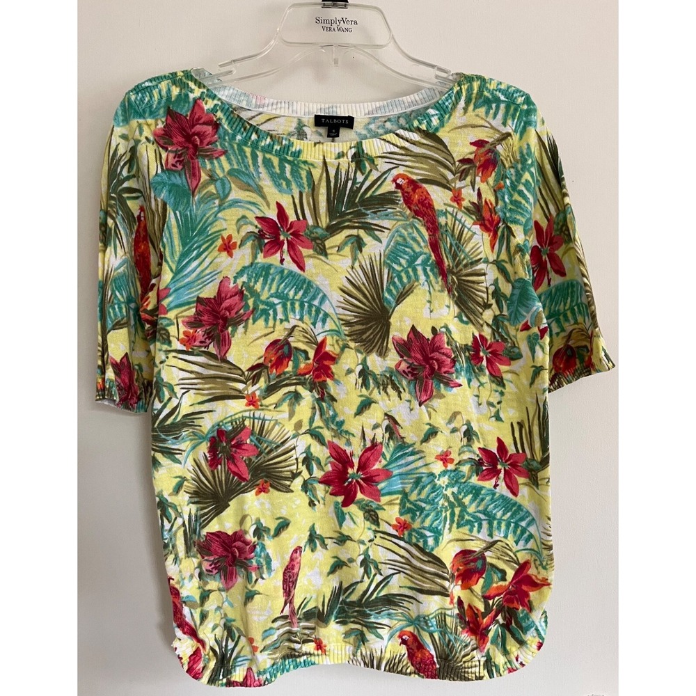 Talbots Tropical Parrot Bird Stretch Knit Blouse Short Sleeve Crew Neck, Size S
